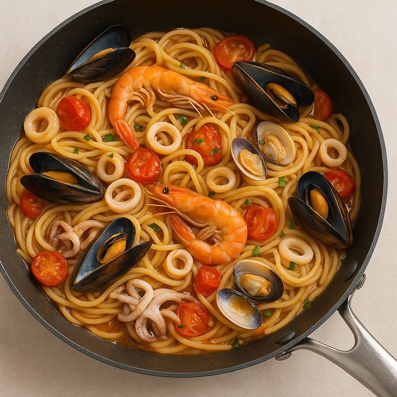 Spaghetti allo scoglio in padella con pomodorini, cozze, vongole, gamberi e calamari