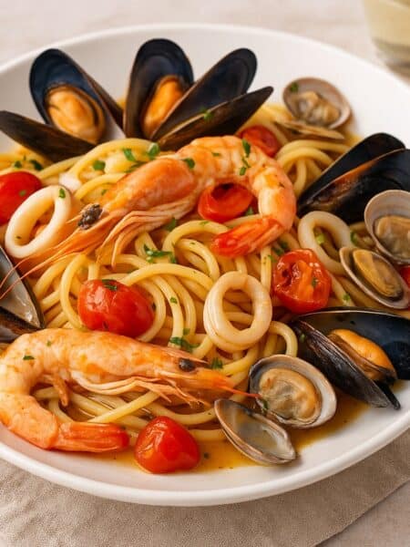 Piatto di spaghetti allo scoglio con gamberi, cozze, vongole, calamari e pomodorini