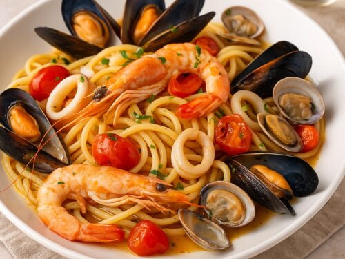 Piatto di spaghetti allo scoglio con gamberi, cozze, vongole, calamari e pomodorini