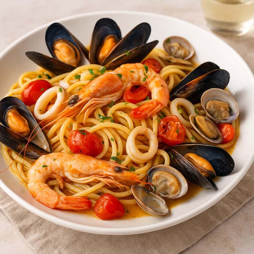 Piatto di spaghetti allo scoglio con gamberi, cozze, vongole, calamari e pomodorini