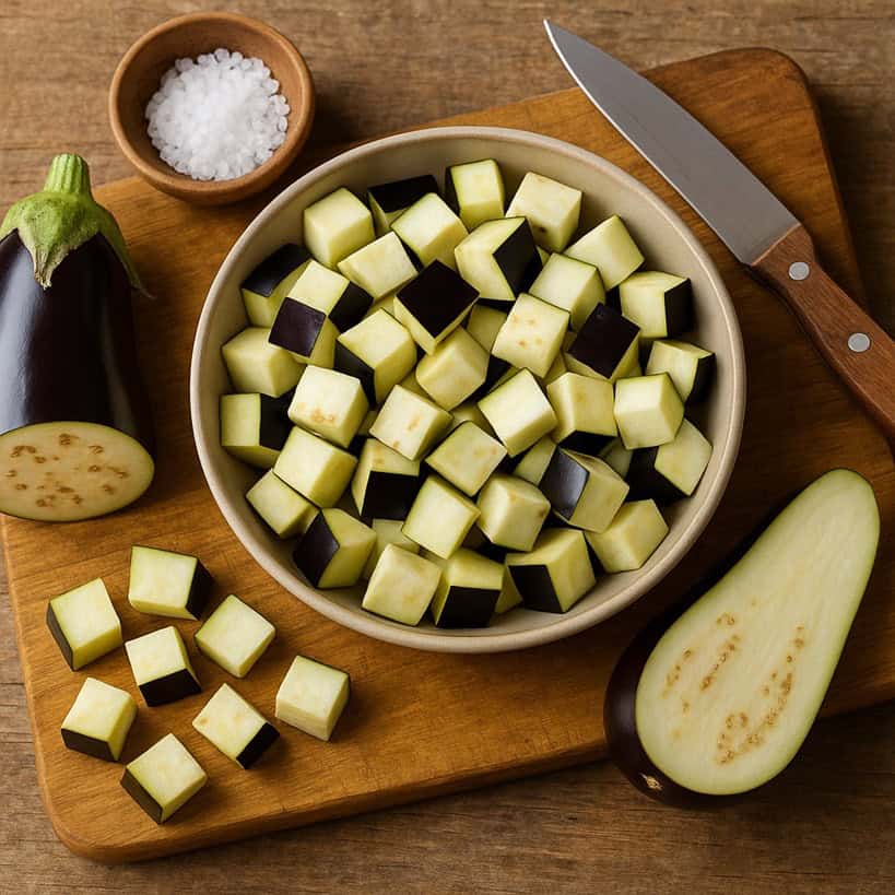 Melanzane tagliate a cubetti con sale grosso su tagliere rustico