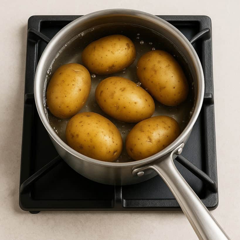 Patate con buccia che cuociono in acqua bollente in una pentola sul fornello
