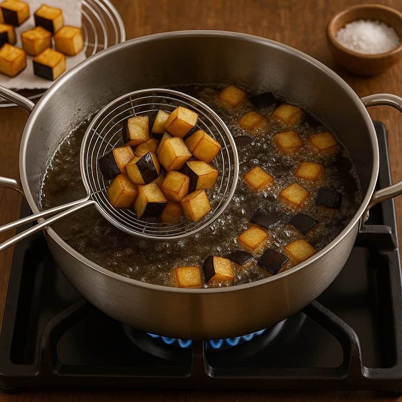 Pentola d’acciaio sul fuoco con melanzane in frittura 