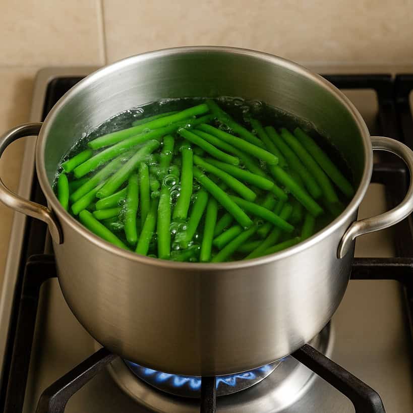 Fagiolini senza punte che cuociono in acqua bollente all’interno di una pentola su fornello acceso