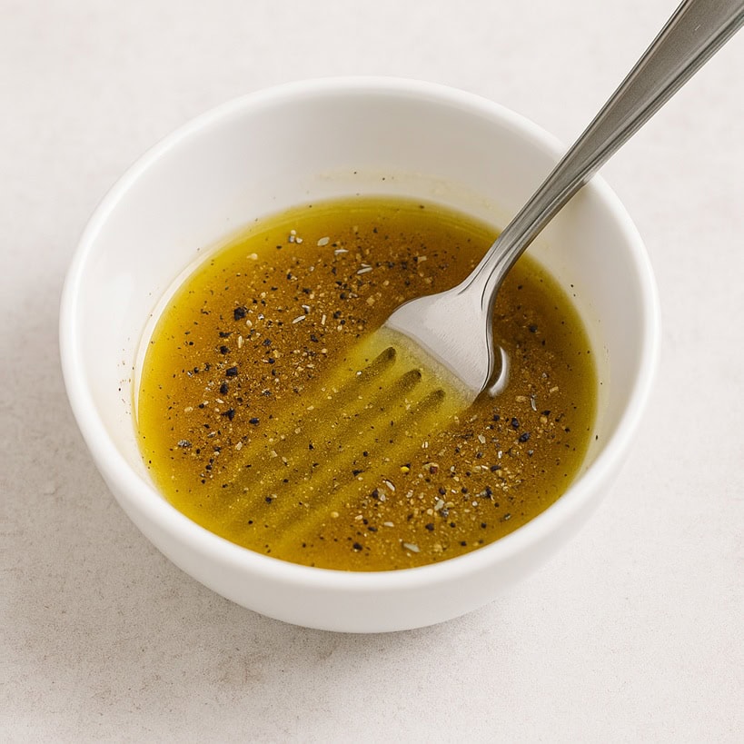 Emulsione di olio extravergine, aceto, sale, pepe e origano in una ciotolina bianca con forchetta