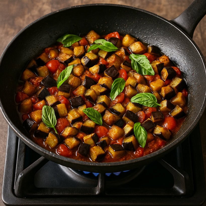Melanzane fritte unite al sugo con basilico fresco in padella sul fornello