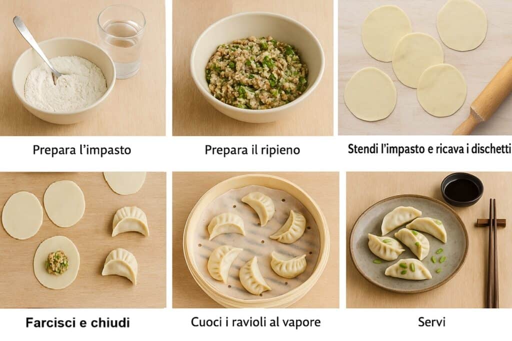 Sei fasi illustrate per la preparazione dei ravioli cinesi, dall’impasto al servizio finale