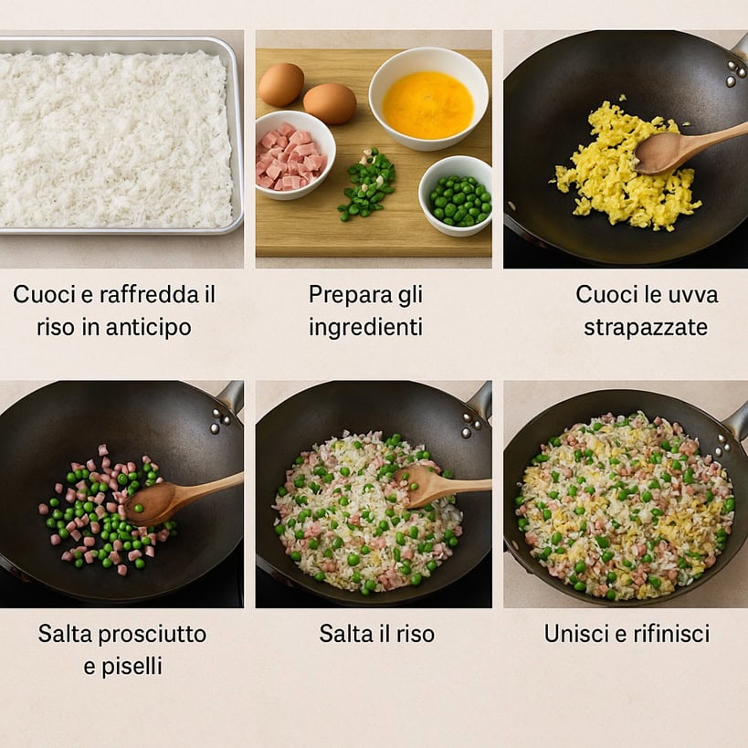 Sei step fotografici per preparare il riso cantonese in modo autentico