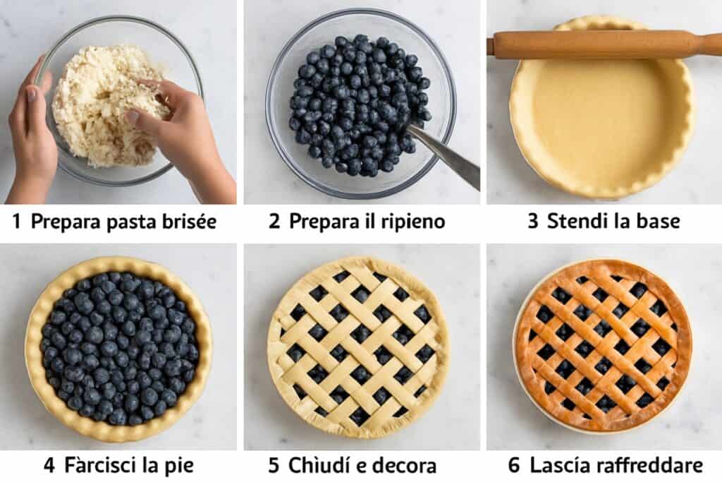 Sei fasi della preparazione della Blueberry Pie americana in sequenza orizzontale numerata