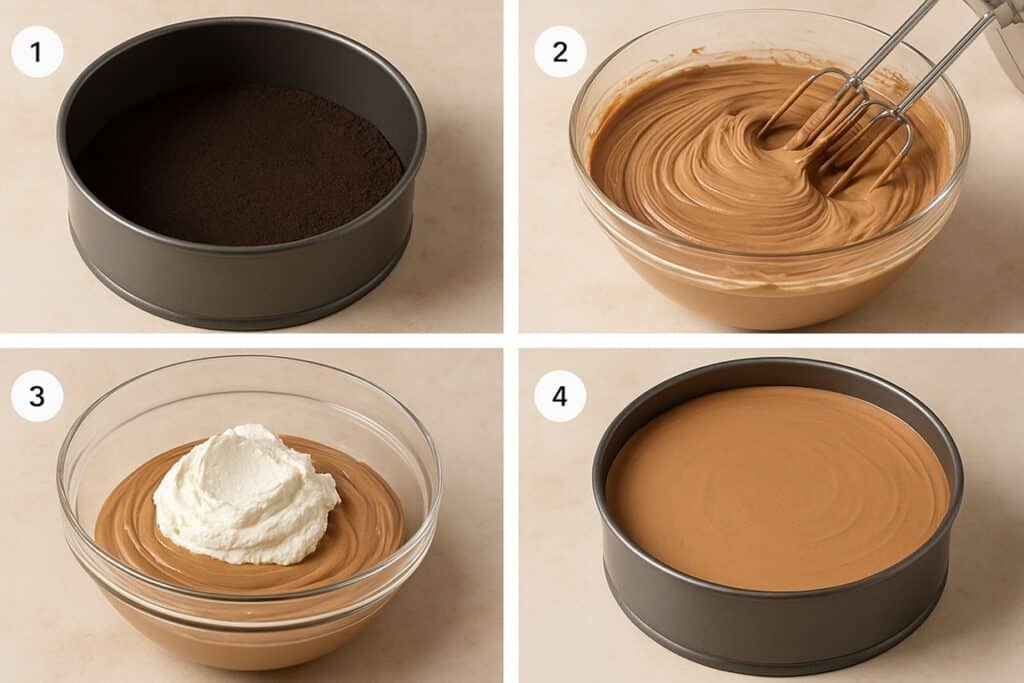 Quattro fasi illustrate per preparare la cheesecake alla Nutella: base al cacao, crema, panna montata e assemblaggio finale