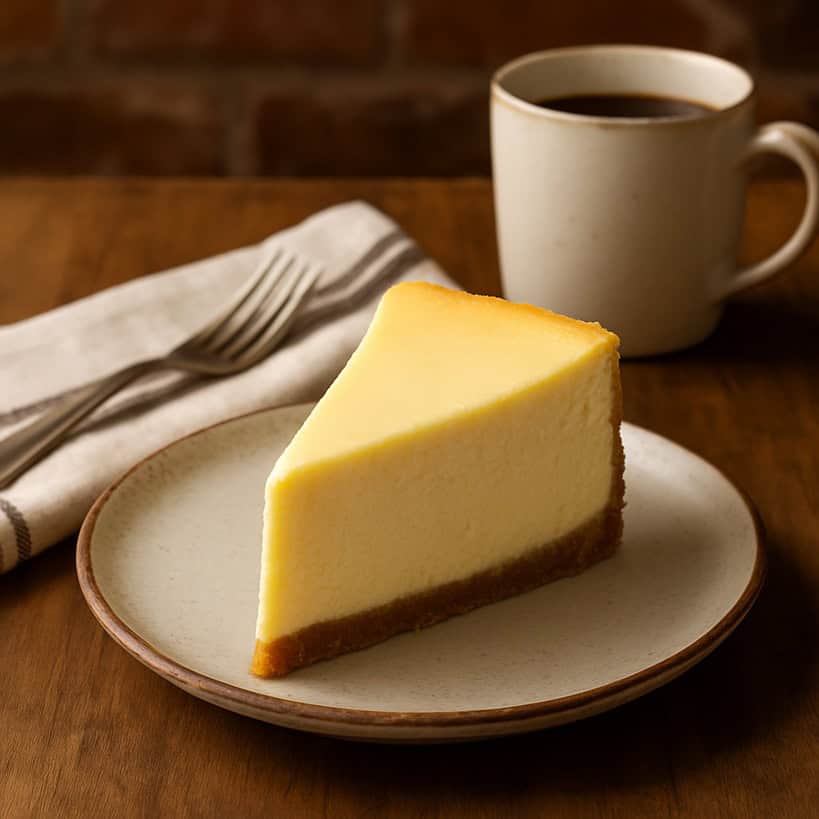 Fetta di New York Cheesecake su piatto vintage con caffè e tovagliolo
