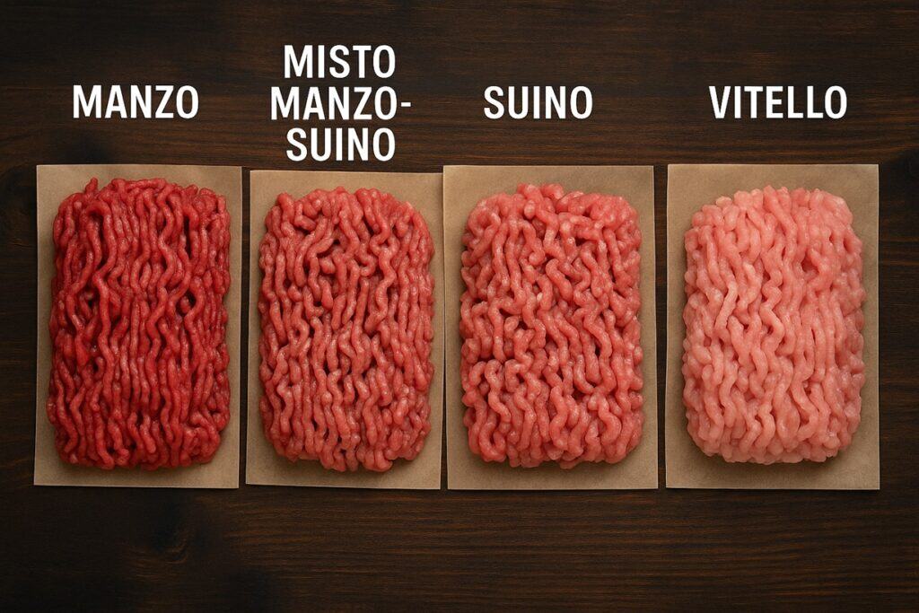 Quattro tipi di carne macinata su carta: manzo, misto, suino, vitello