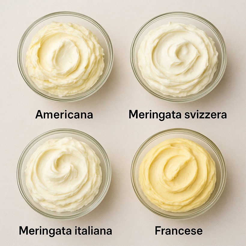 Quattro ciotole con diverse varianti di crema al burro: americana, meringata svizzera, meringata italiana e francese