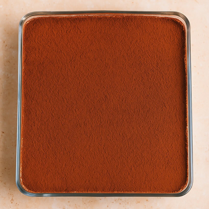 Tiramisù fatto in casa in pirofila di vetro, perfettamente livellato e ricoperto di cacao