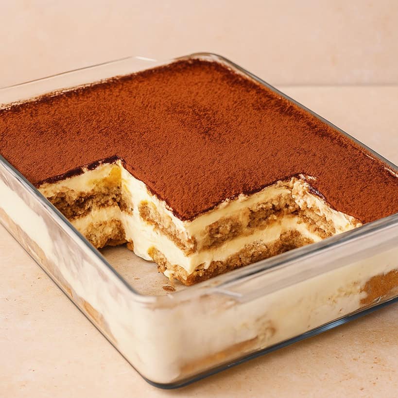 Tiramisù tradizionale tagliato nella pirofila, con strati visibili di crema e savoiardi al caffè