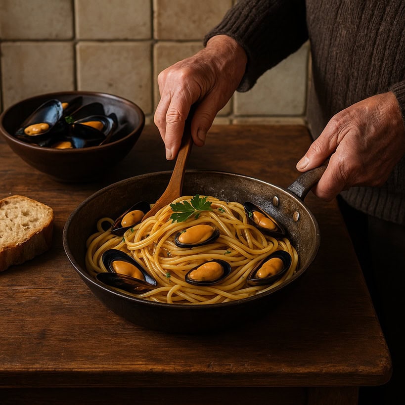 Mani anziane che preparano spaghetti alle cozze in cucina rustica con padella vissuta e pane su tavolo in legno