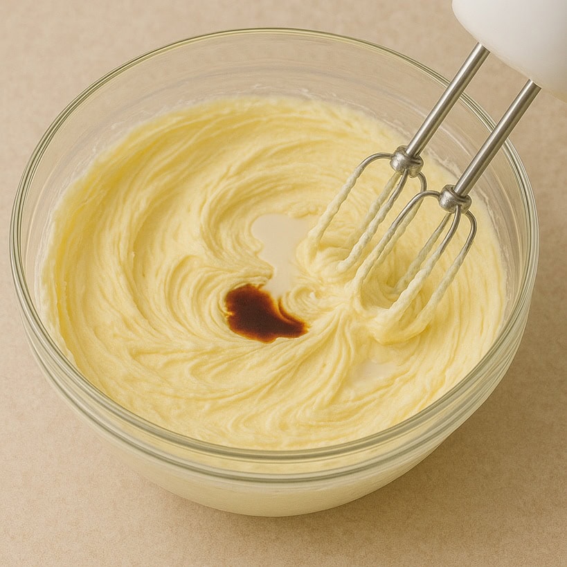 Estratto di vaniglia e latte nella crema al burro montata in ciotola