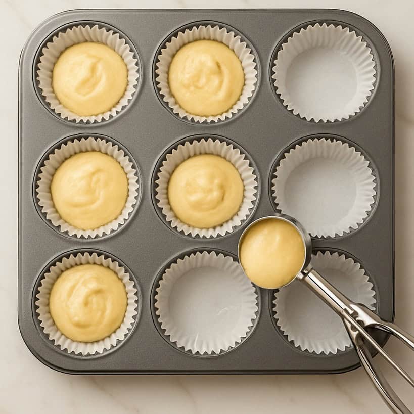Porzionatore che dosa l’impasto per cupcake in un pirottino bianco su teglia da forno