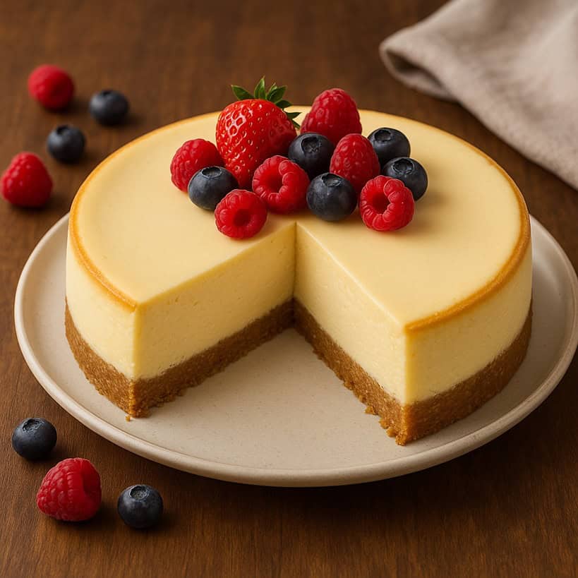 Cheesecake newyorkese vista frontale con fetta mancante e frutti di bosco