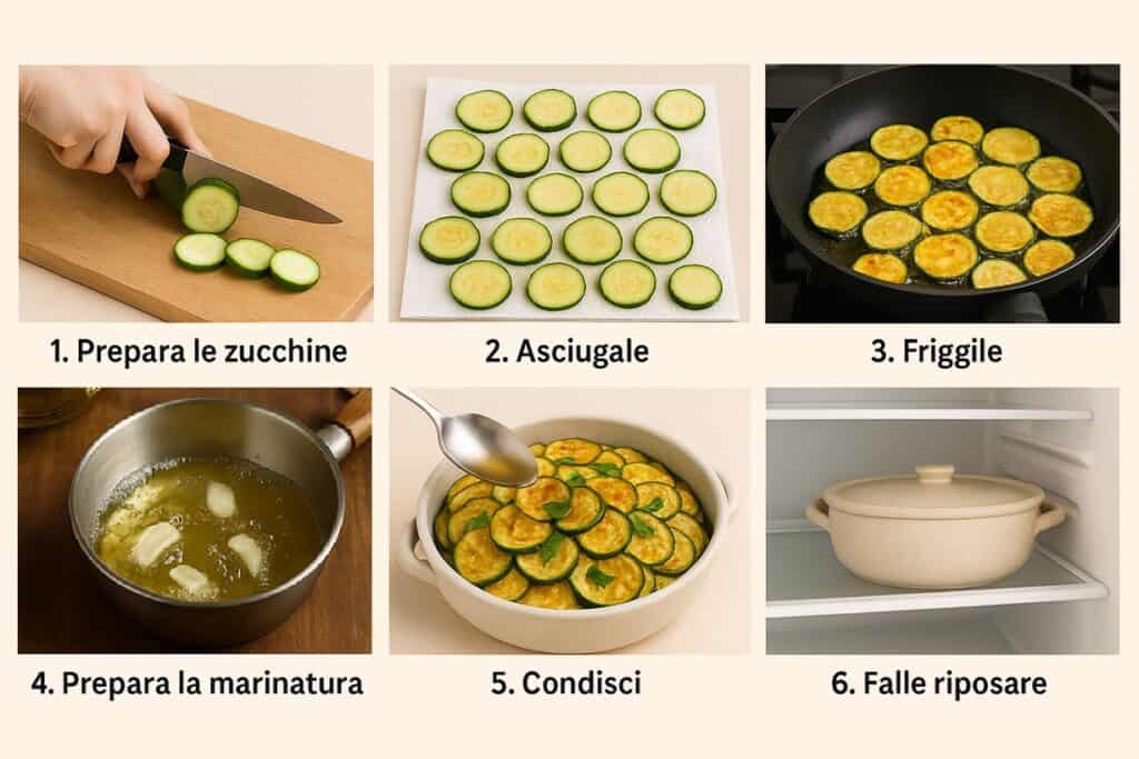 Immagine in sei step della ricetta delle zucchine alla scapece con foto delle varie fasi
