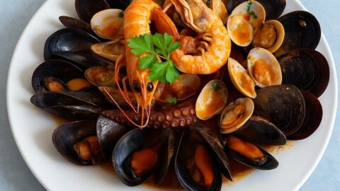 Zuppa di cozze con polpo, cozze, gamberi e friselle bagnate, servita secondo la tradizione napoletana