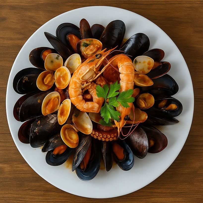 Piatto rotondo con zuppa di cozze napoletana disposta in modo ordinato con cozze, vongole, gamberi e polpo
