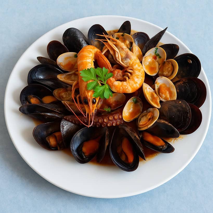 Zuppa di cozze con polpo, cozze, gamberi e friselle bagnate, servita secondo la tradizione napoletana
