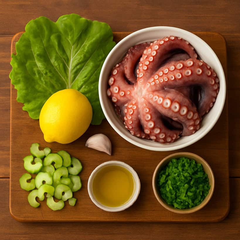 Ingredienti freschi per insalata di polpo su tagliere