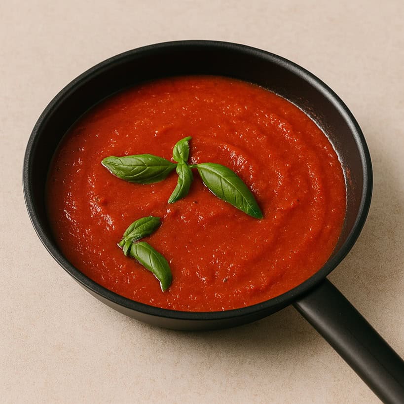 Salsa di pomodoro cotta in padella nera e guarnita con foglie di basilico