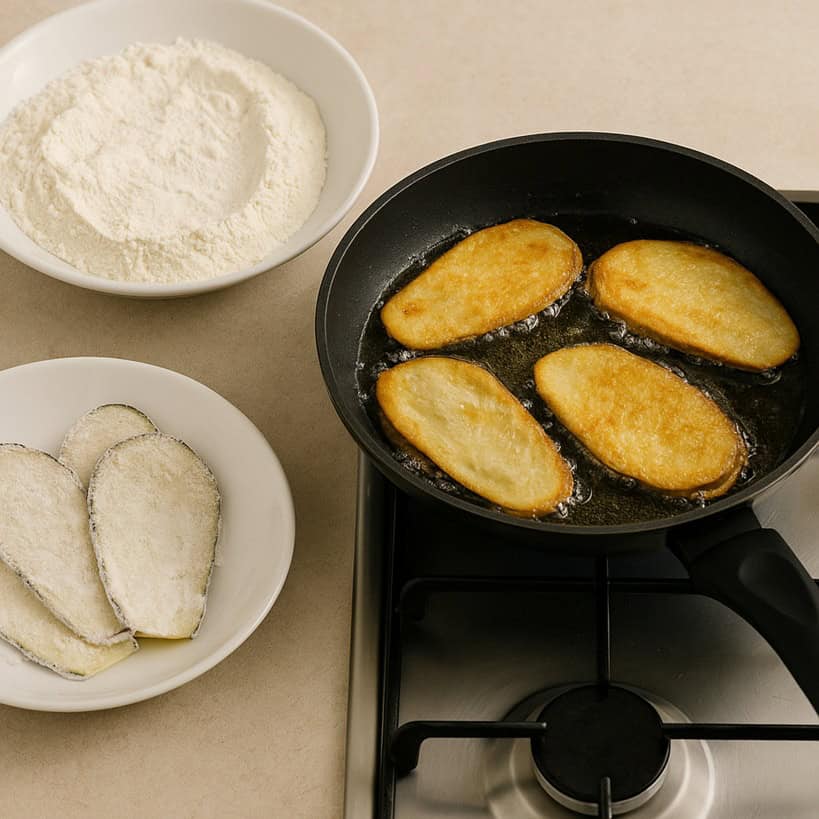 Fette di melanzane che friggono con piatto di farina e piatto con fette infarinate