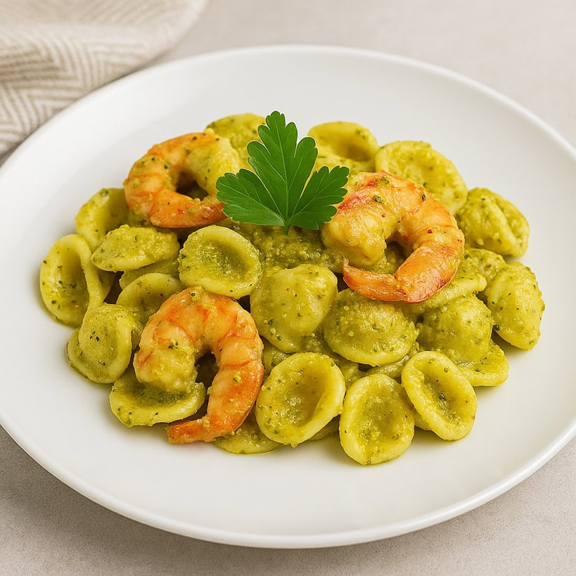 Pasta al pesto di pistacchi e gamberi, cremosa e aromatica, servita con granella di pistacchi
