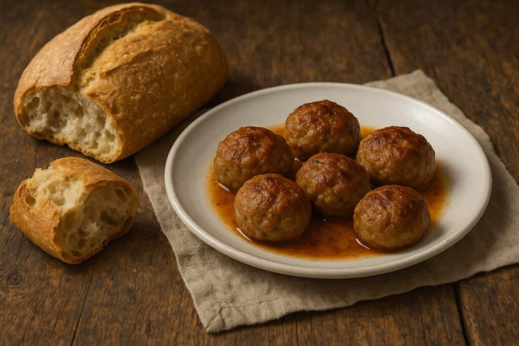 Piatto rustico con polpette rosolate e pane raffermo su tavolo in legno