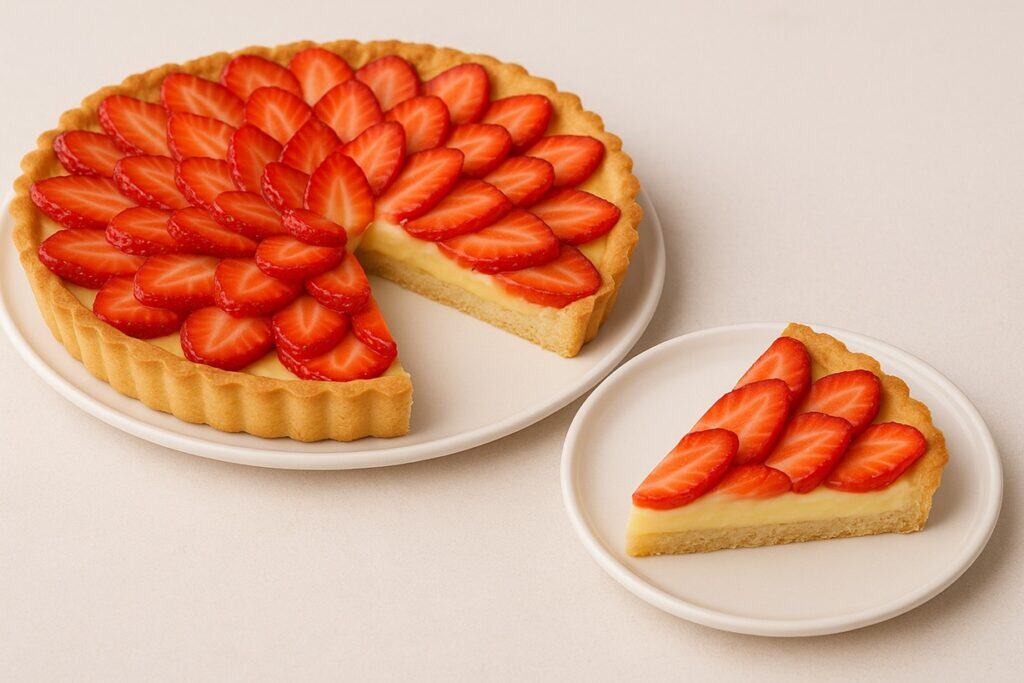ricetta della Crostata alle fragole con una fetta tagliata e servita