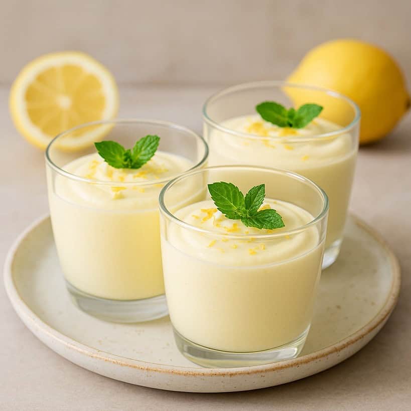 Dessert al cucchiaio di mousse al limone con scorza e menta fresca