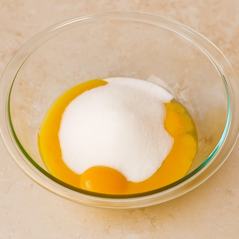 Ciotola di vetro con tuorli e zucchero semolato