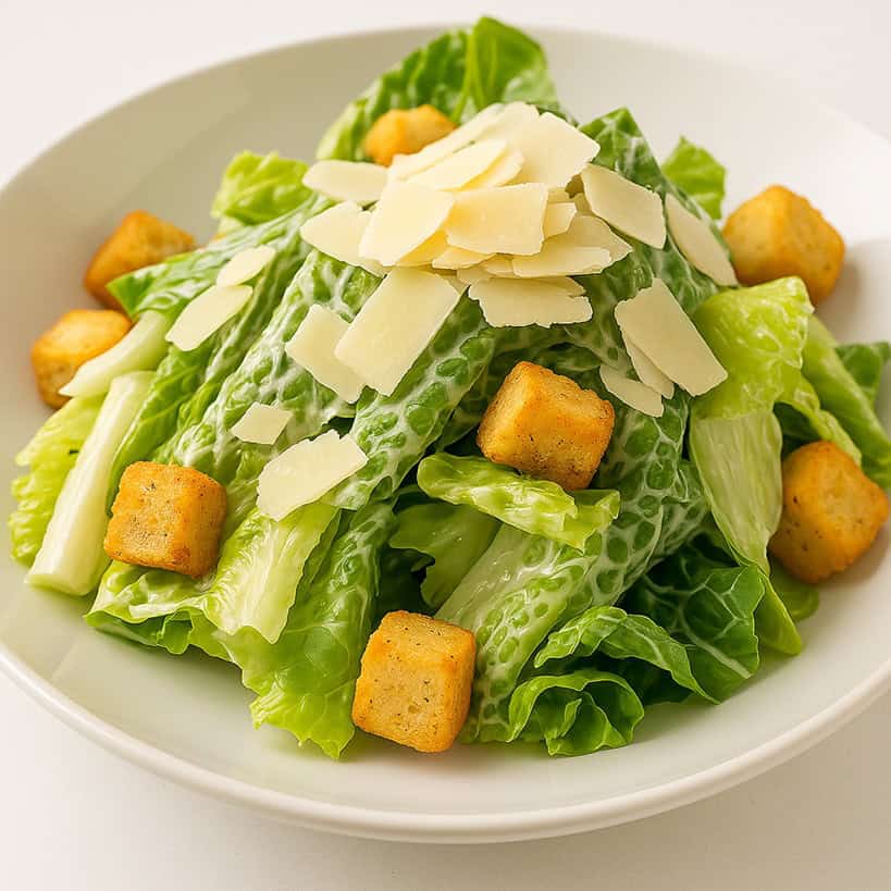 Un piatto di Caesar Salad originale con lattuga romana fresca, salsa Caesar cremosa, crostini dorati e scaglie di Parmigiano Reggiano, pronta per essere gustata.