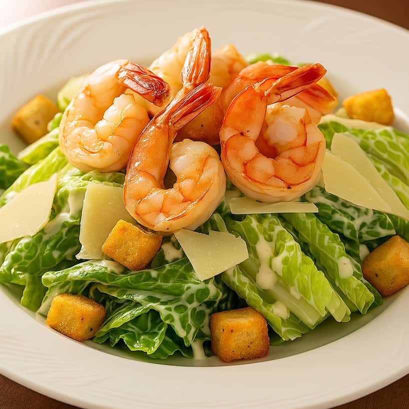 Insalata Caesar servita in una ciotola bianca elegante, con gamberi, crostini dorati, scaglie di parmigiano e lattuga croccante, vista frontale.