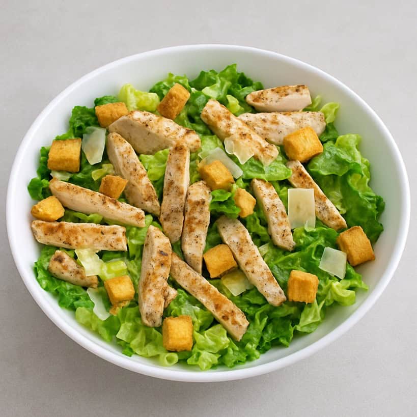 Caesar Salad servita in una ciotola bianca elegante, con strisce di pollo grigliato, crostini dorati, scaglie di parmigiano e lattuga croccante