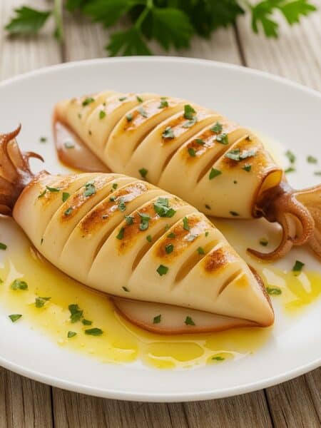 Calamari alla griglia serviti su piatto bianco, conditi con olio extravergine d’oliva e prezzemolo