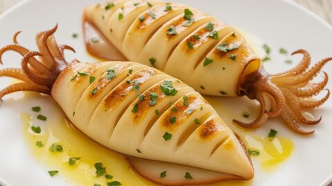 Calamari alla griglia serviti su piatto bianco, conditi con olio extravergine d’oliva e prezzemolo
