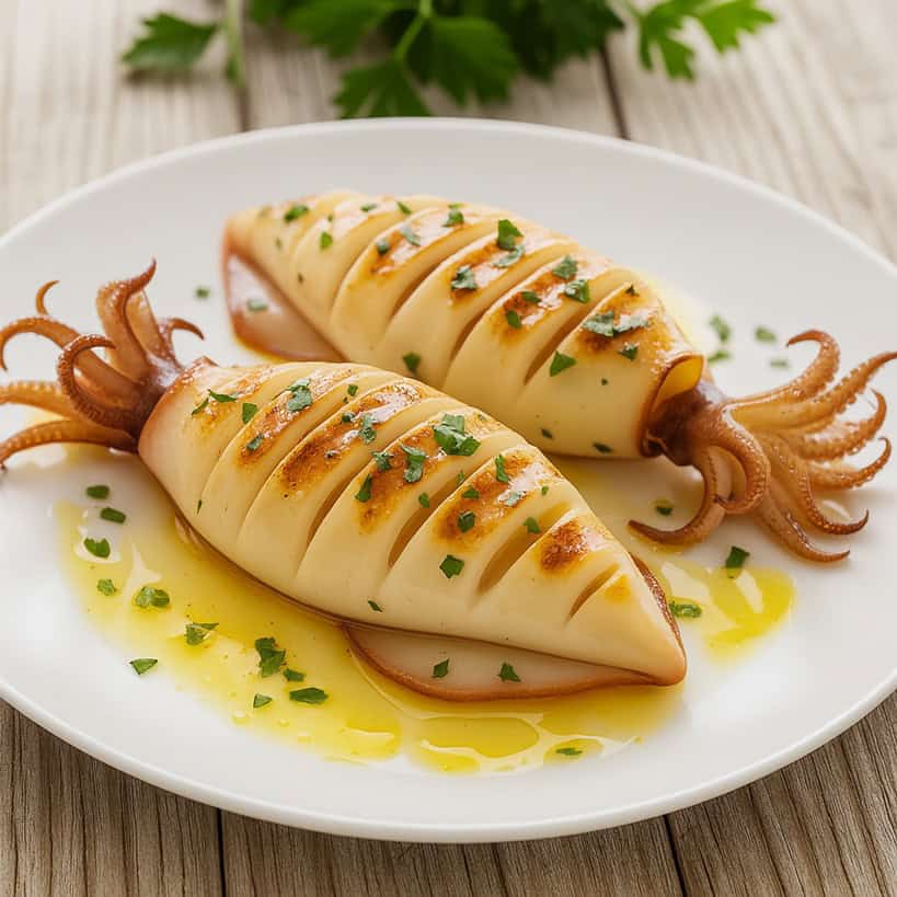 Calamari alla griglia serviti su piatto bianco, conditi con olio extravergine dâoliva e prezzemolo