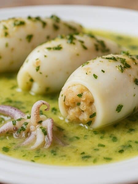 Calamari ripieni con pangrattato serviti nel loro fondo di cottura, guarniti con erbe fresche.