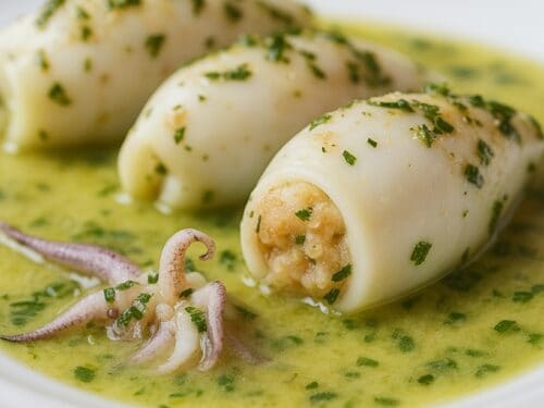 Calamari ripieni con pangrattato serviti nel loro fondo di cottura, guarniti con erbe fresche.