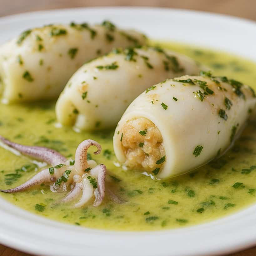 Calamari ripieni con pangrattato serviti nel loro fondo di cottura, guarniti con erbe fresche.
