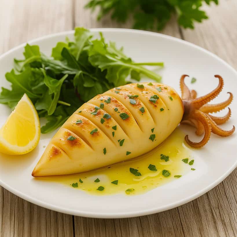 Calamaro grigliato servito con insalatina e spicchio di limone su piatto bianco