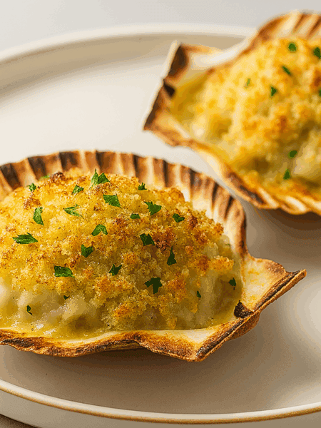 Capesante gratinate in conchiglia con crosticina dorata e prezzemolo su piatto chiaro