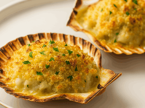 Capesante gratinate in conchiglia con crosticina dorata e prezzemolo su piatto chiaro