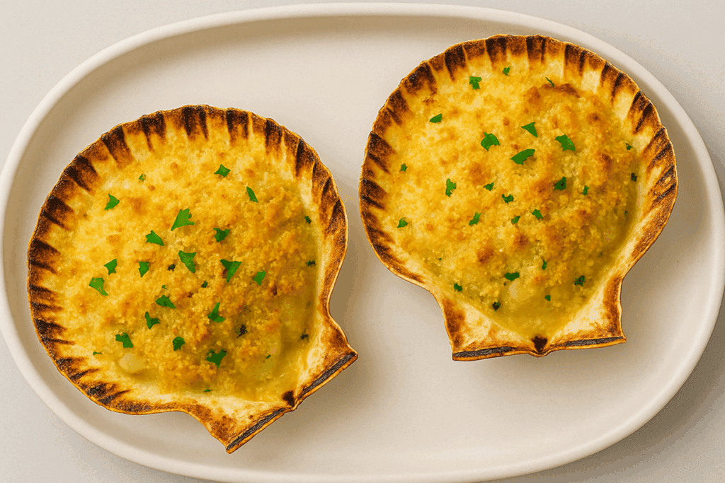 Due capesante gratinate con crosticina dorata e prezzemolo, servite in conchiglia su piatto chiaro, viste dall’alto