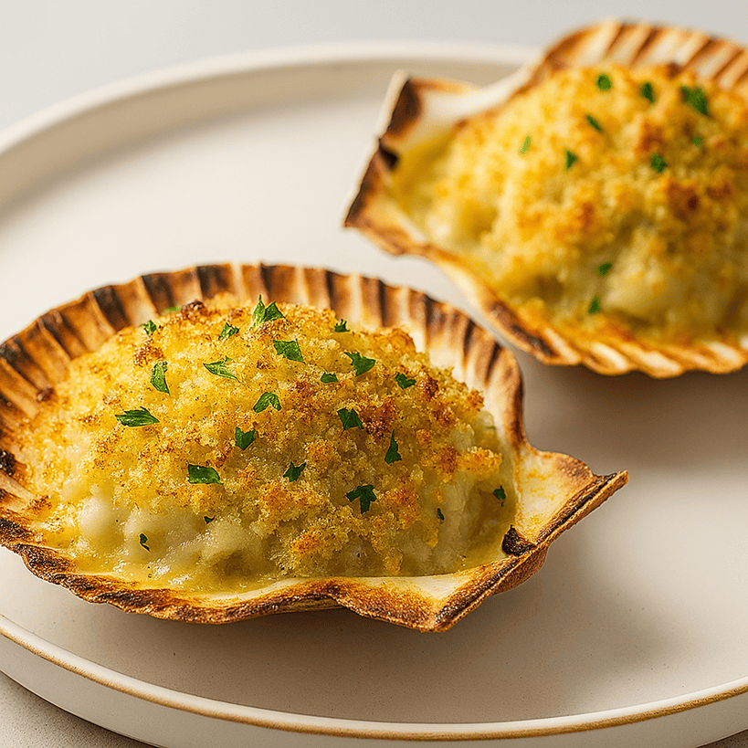 Capesante gratinate in conchiglia con crosticina dorata e prezzemolo su piatto chiaro