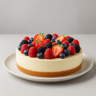 Cheesecake fredda intera su piatto bianco